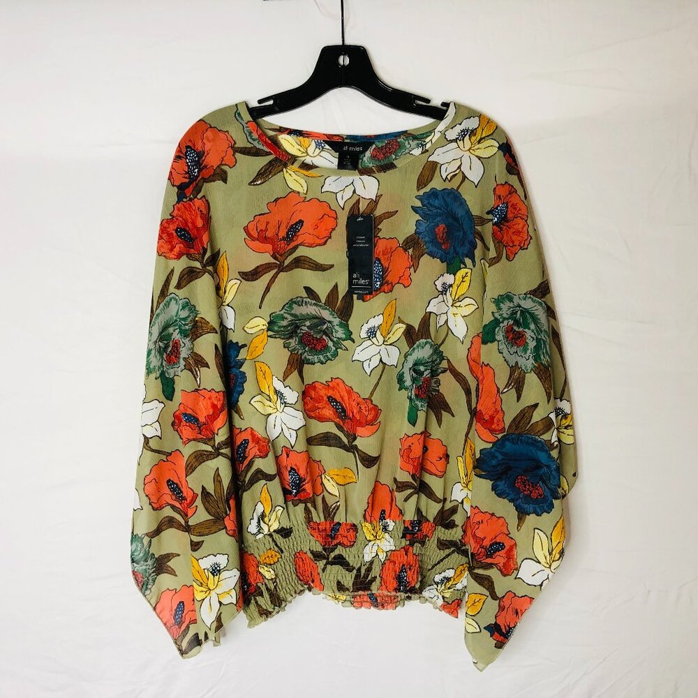 NEW Ali Miles Poncho Style Floral Blouse Top Semi Sheer Women's Size Medium NET